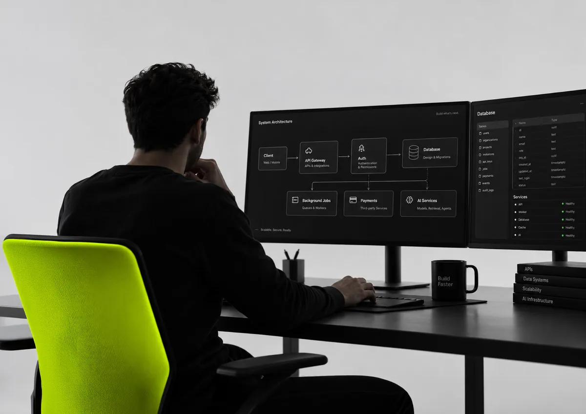 A developer reading a system architecture diagram across two screens.