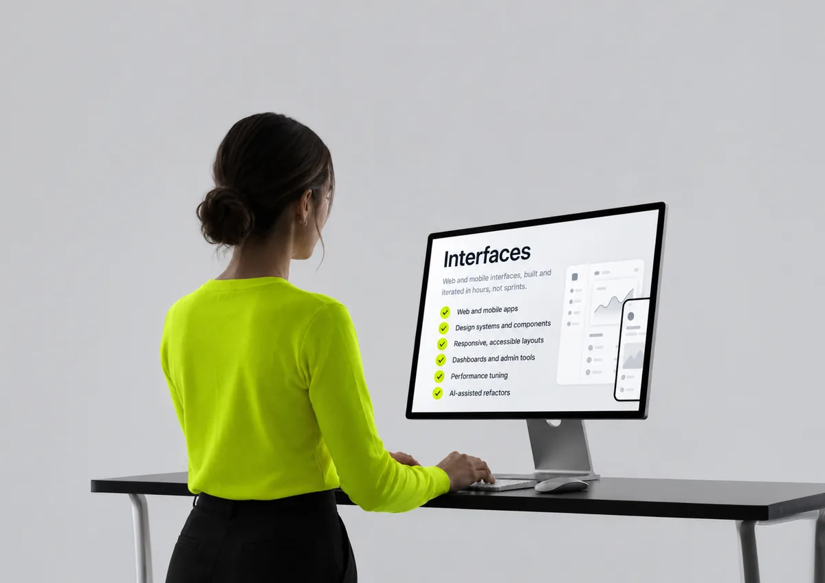 A developer building a web interface, the panel of work on screen beside them.